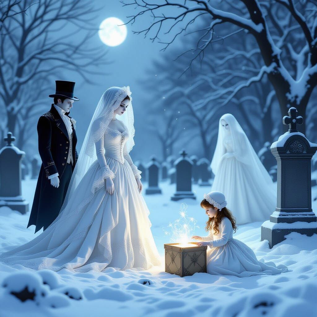 Ethereal Ghosts in Moonlit Victorian Graveyard