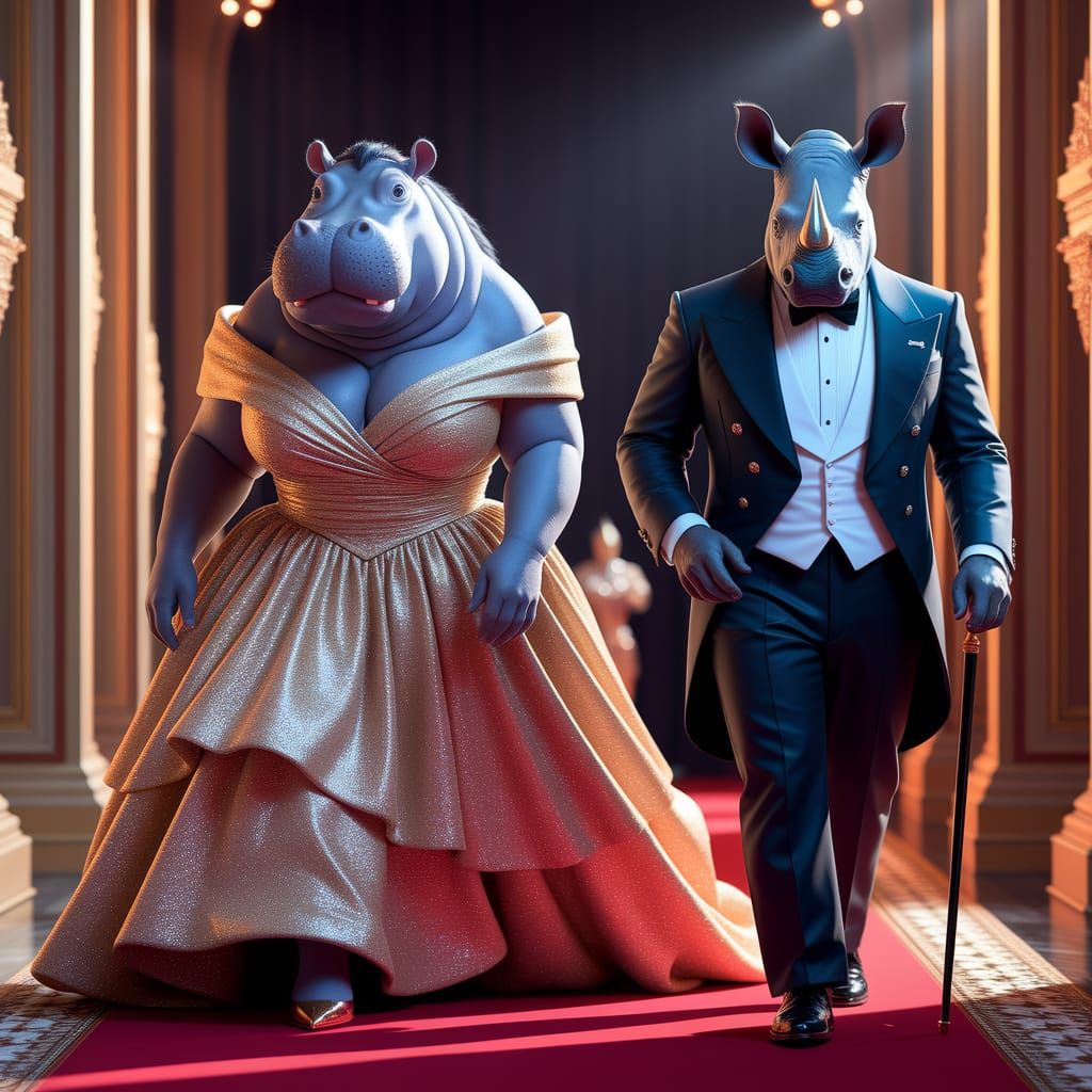 Majestic Hippo in Gold Gown and Rhino in Tuxedo Stride Down ...