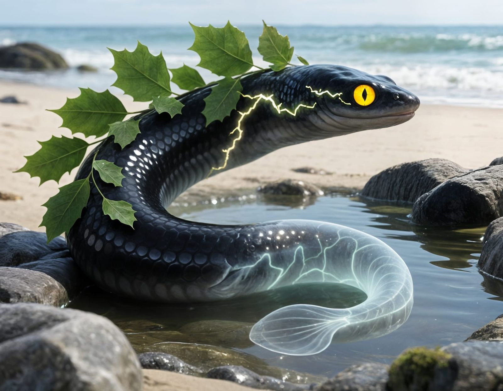 Magical Realism Eel with Translucent Tail and Leaf Mane