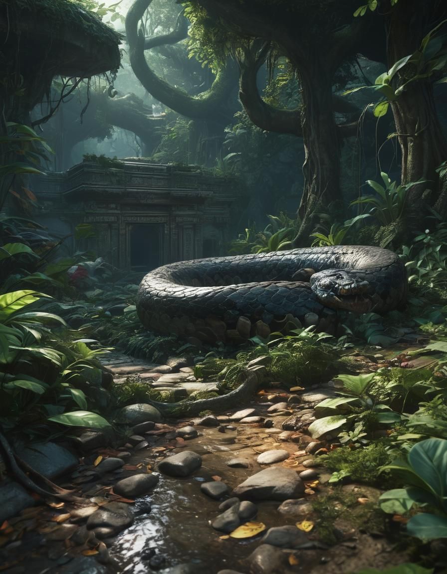 Jungle Tomb with Anaconda: Dark Fantasy Concept Art