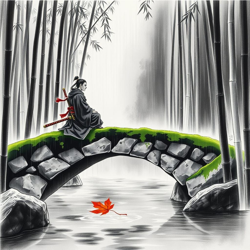 Samurai Meditating on a Mossy Bridge in Charcoal Drawing Sty...