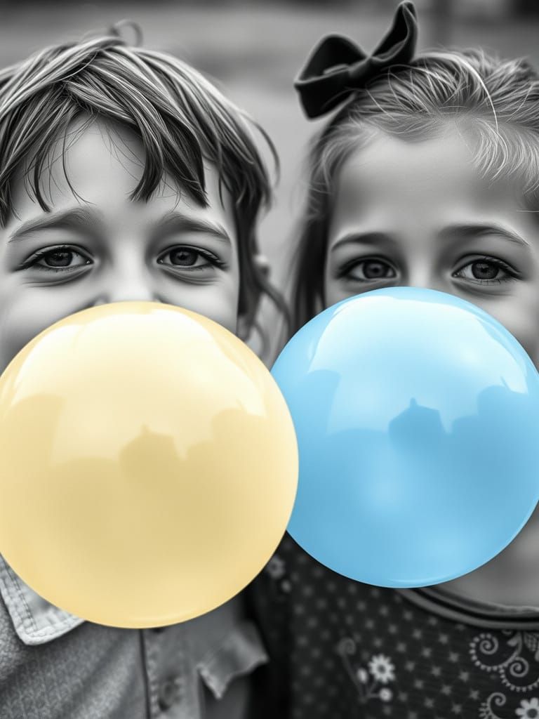 Joyful Children Blowing Vibrant Bubble Gums in Timeless Blac...