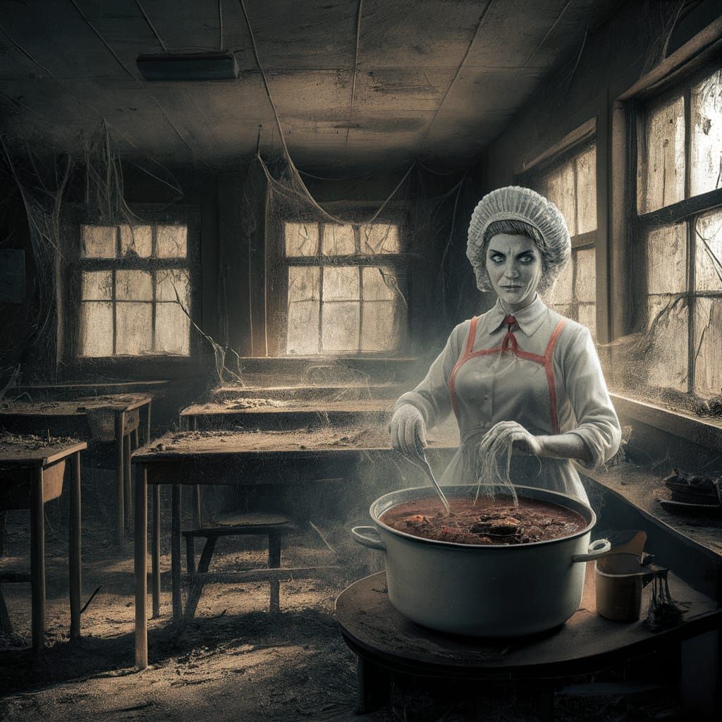 Eerie Abandoned School Lunchroom with Ghostly Lunch Lady