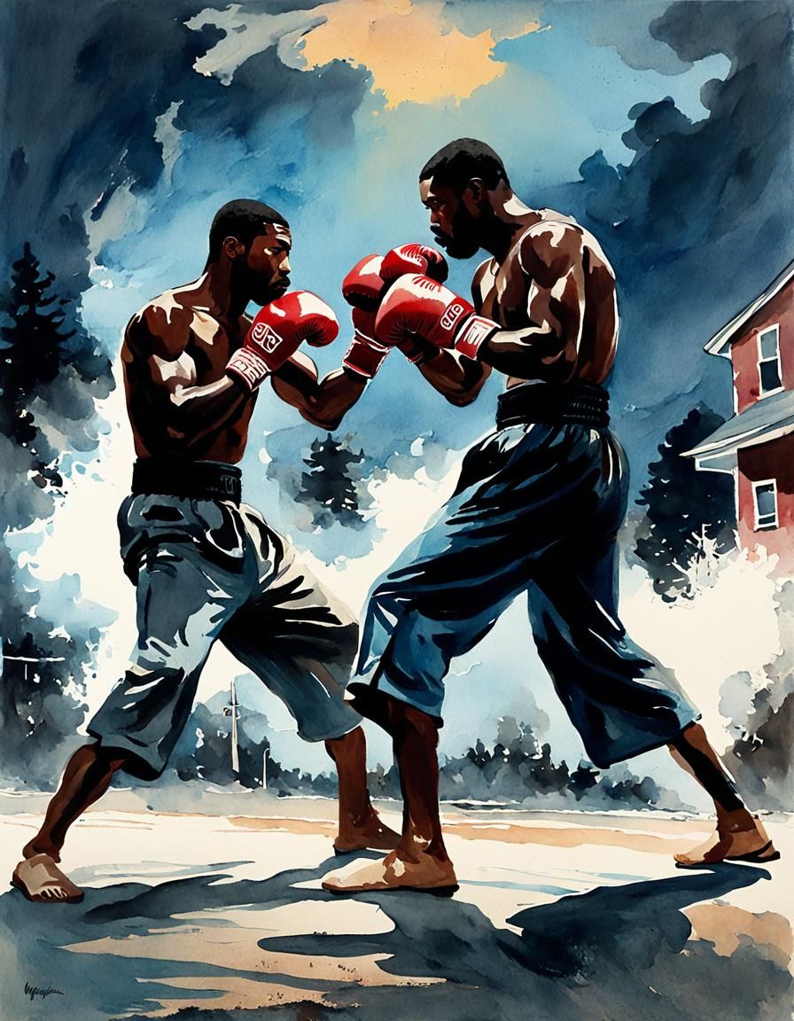 Street Boxing Watercolor Painting with Soft Lighting