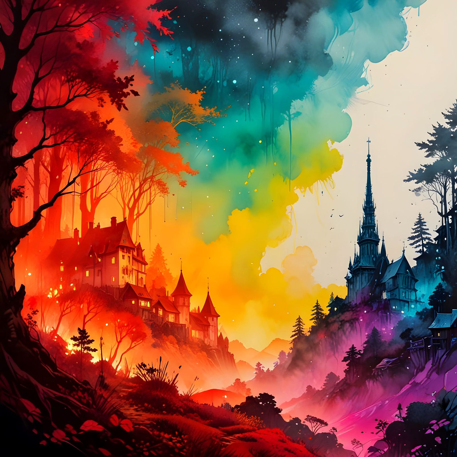 Dreamlike French Village at Night in Enchanting Forest