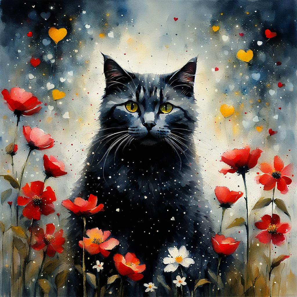 Cute Cat Surrounded by Flowers in Watercolour Style