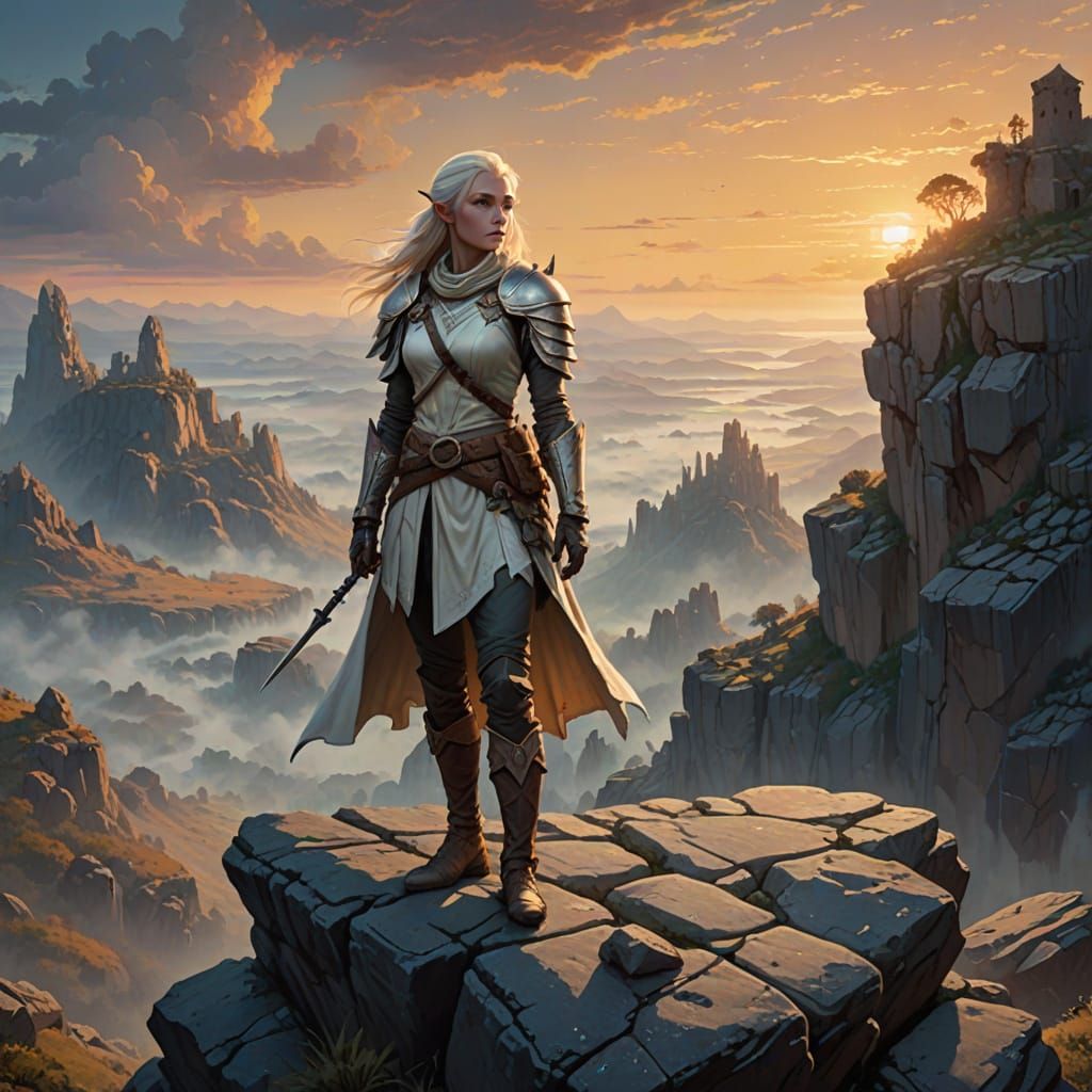 Fantasy Elf Maiden Basks in Dawn's Golden Light on Ruined Hi...