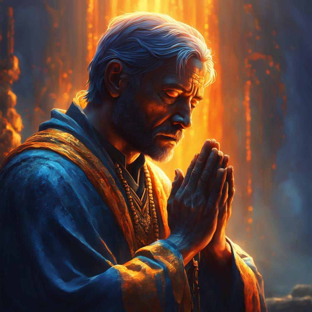 Praying Figure in Golden Light: Fantasy Oil Painting