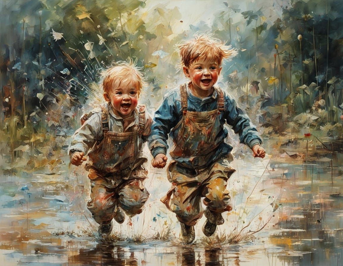 Children Leap into Puddles Under Vibrant Evening Light