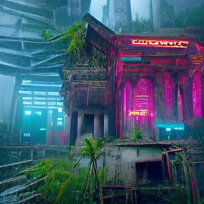 Cyberpunk Jungle Temple in Neon Style