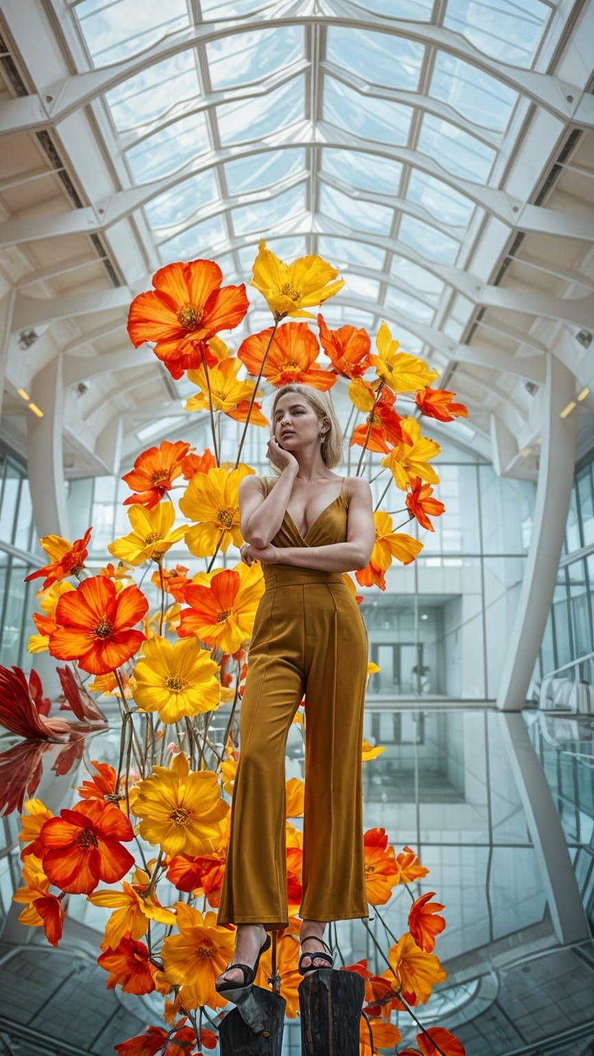 Glass Flower Installation in Sunlit Atrium