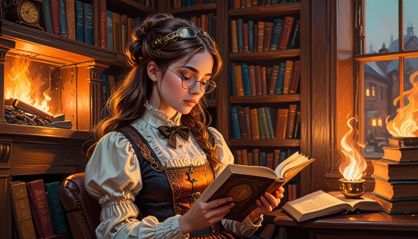Steampunk Girl Reading by Fireplace Illustration