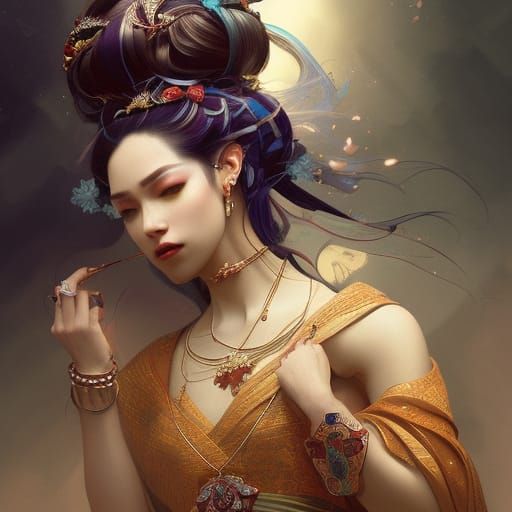 Magical Geisha Portrait in Hyperdetailed Style
