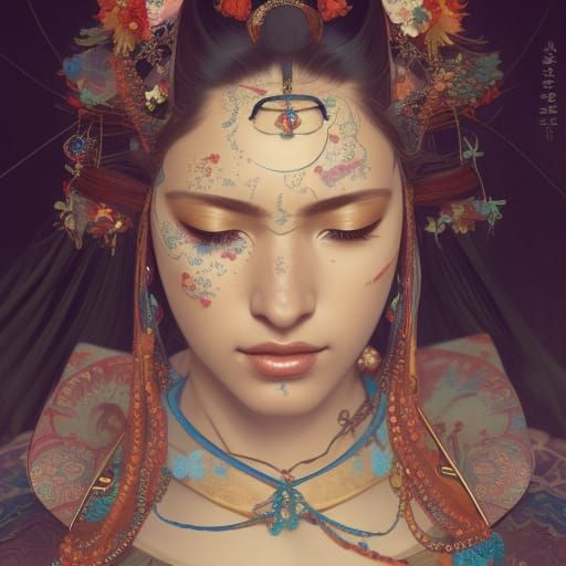 Geisha Priestess Portrait in Hyperdetailed Digital Art
