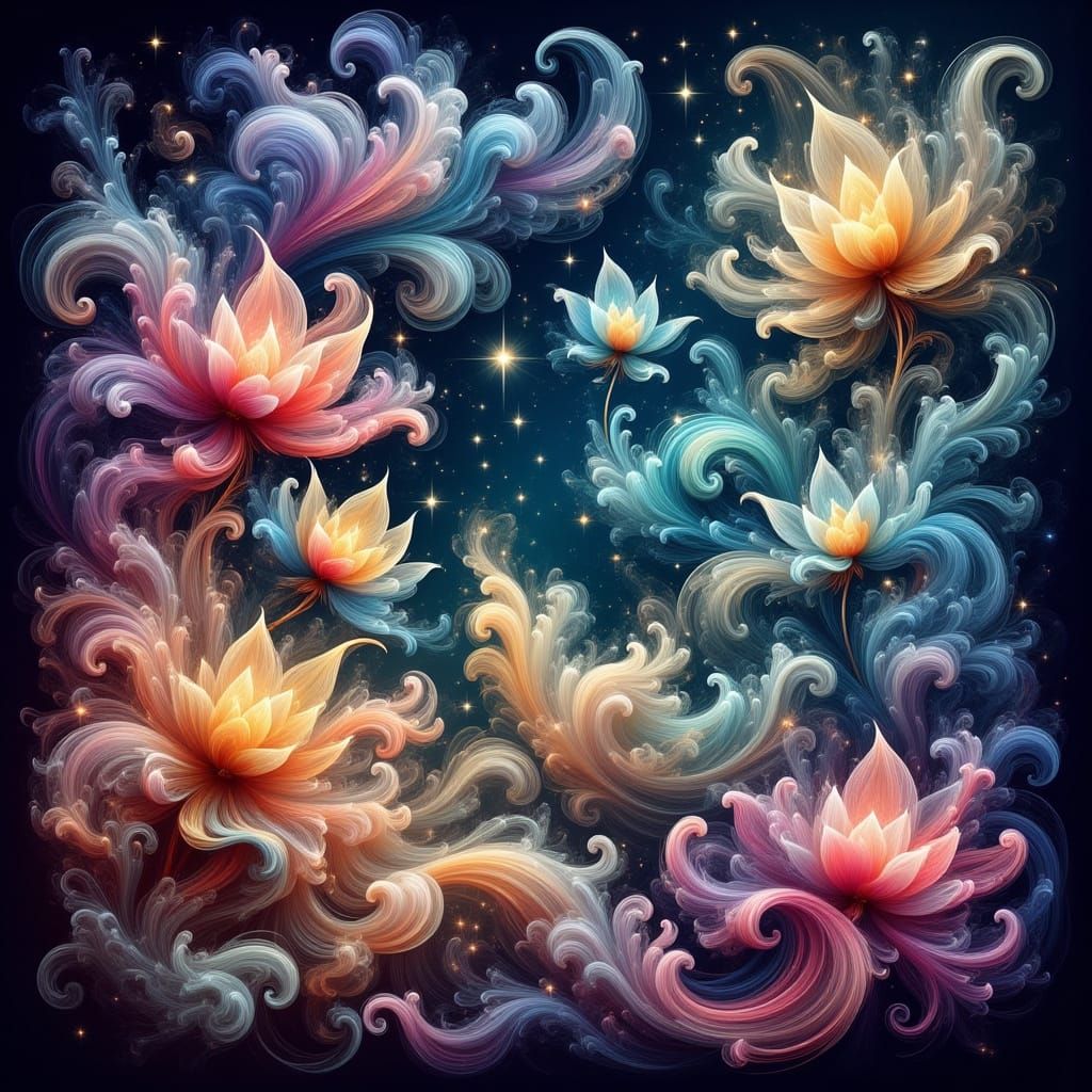 Radiant Celestial Garden with Astral Flowers in Holographic ...