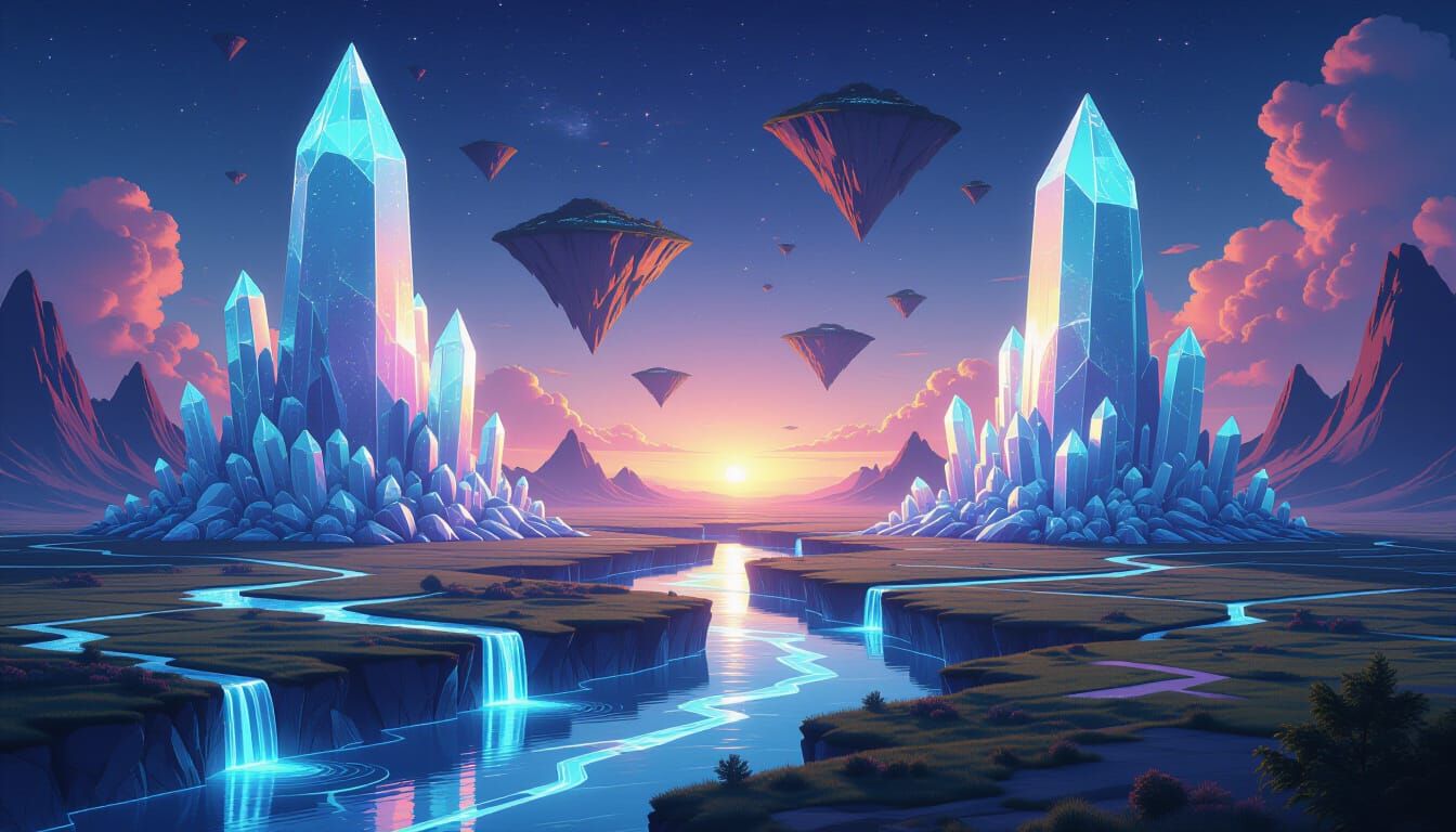 Surreal Crystalline Forest with Rivers of Light