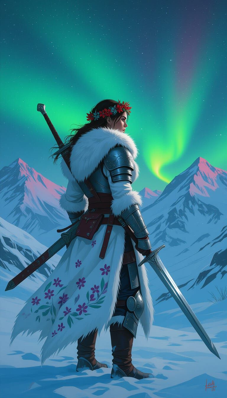 Arctic Paladin Under Aurora: Graffiti Street Art Style
