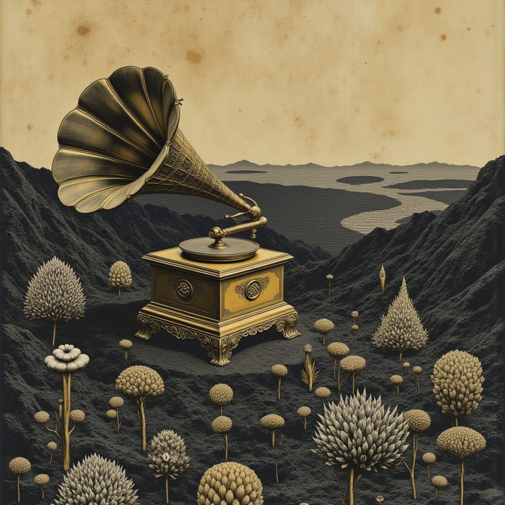 Antique Gramophone in Volcanic Ash on Alien Planet