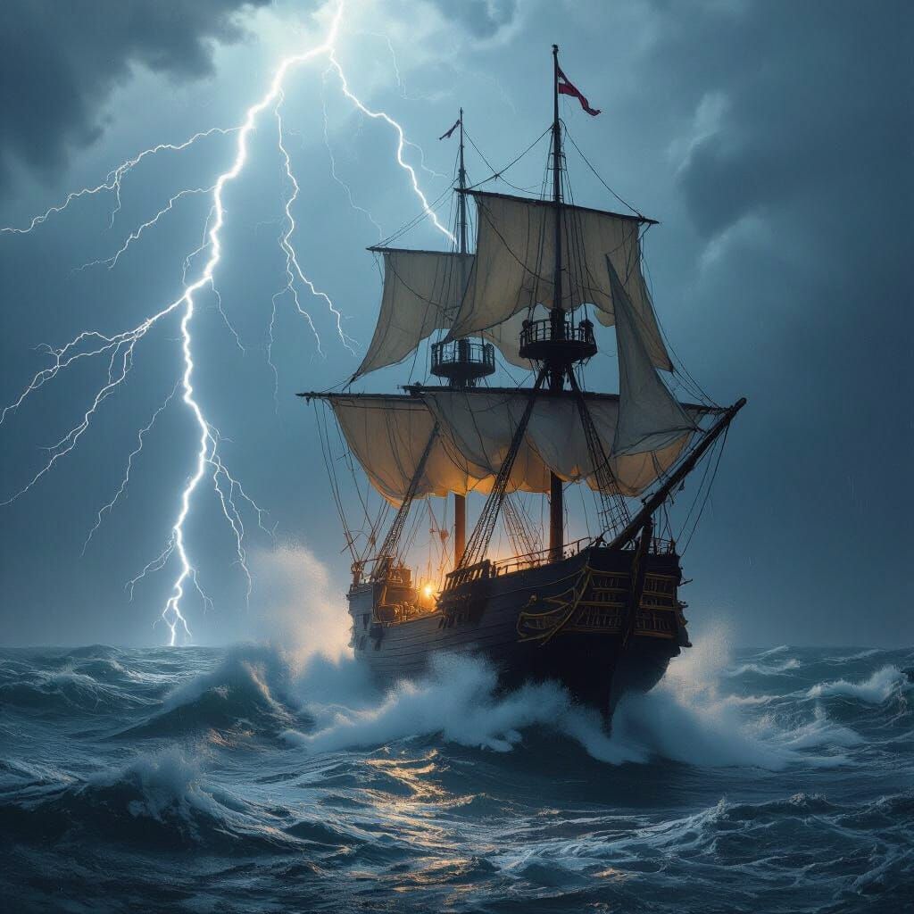 Old Galleon Battles Stormy Seas in Dramatic Thunderstorm