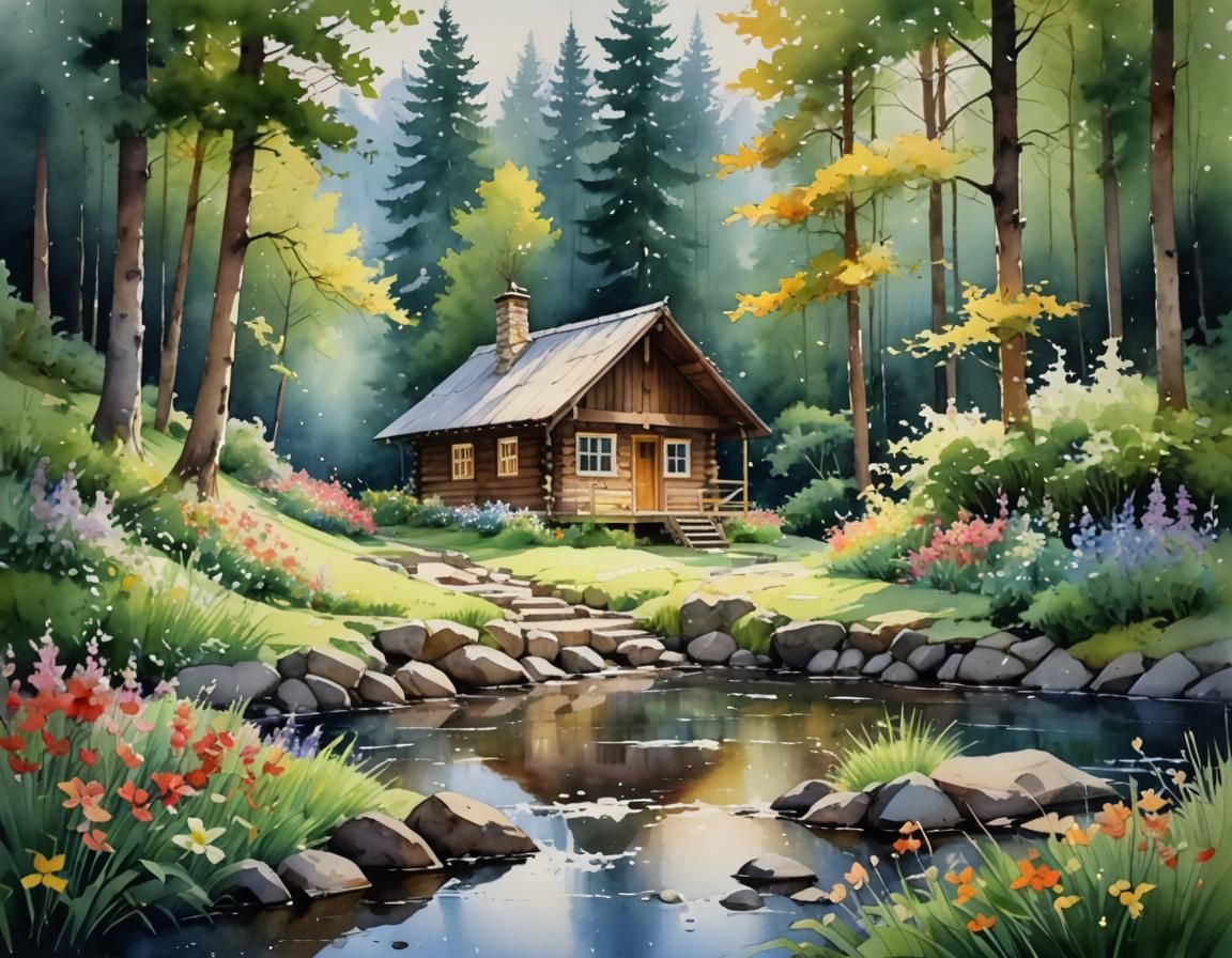 Watercolor Cabin in Forest Clearing by Stream