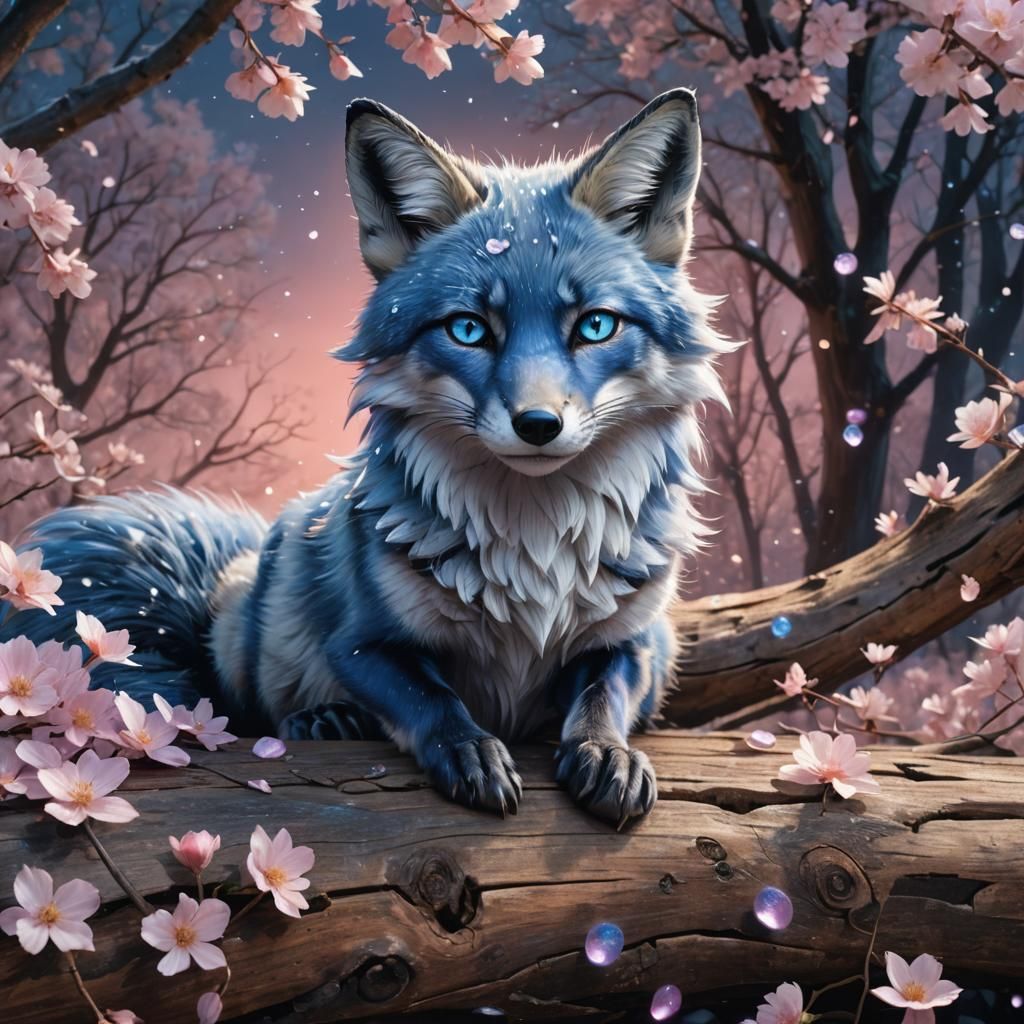 Blue Fox with Fireflies in Hyper-Realistic Digital Art