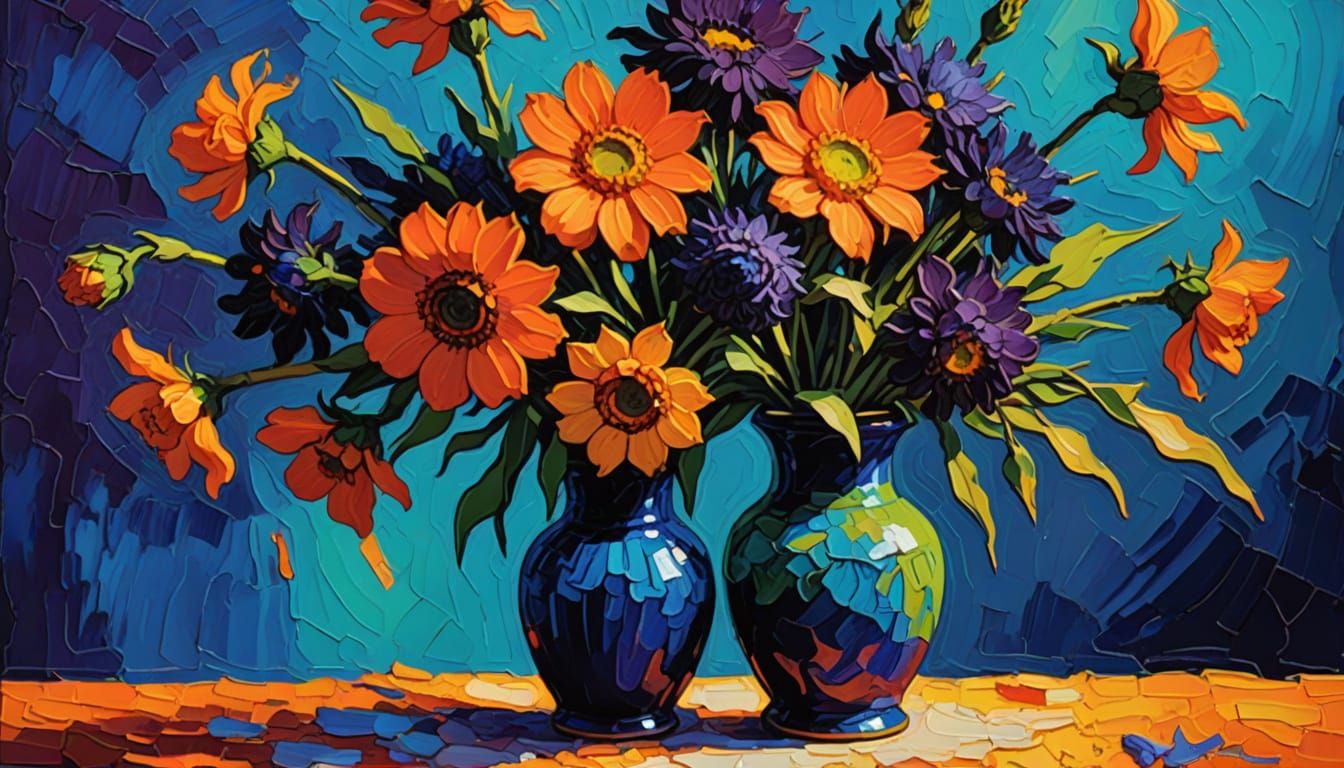 Vibrant Fauvist Still Life with Exotic Flowers and Bold Colo...