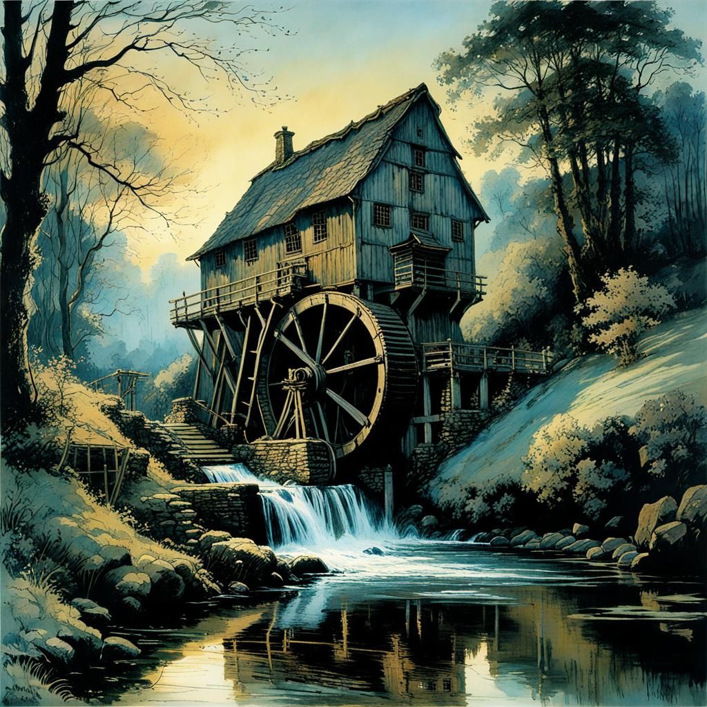 Historic Watermill in Evening Light, Golden Age Illustration