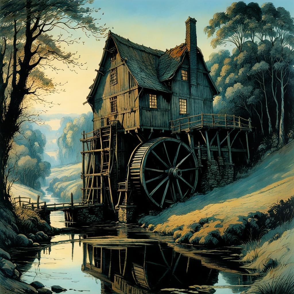 Historic Watermill Illuminated by Soft Evening Light
