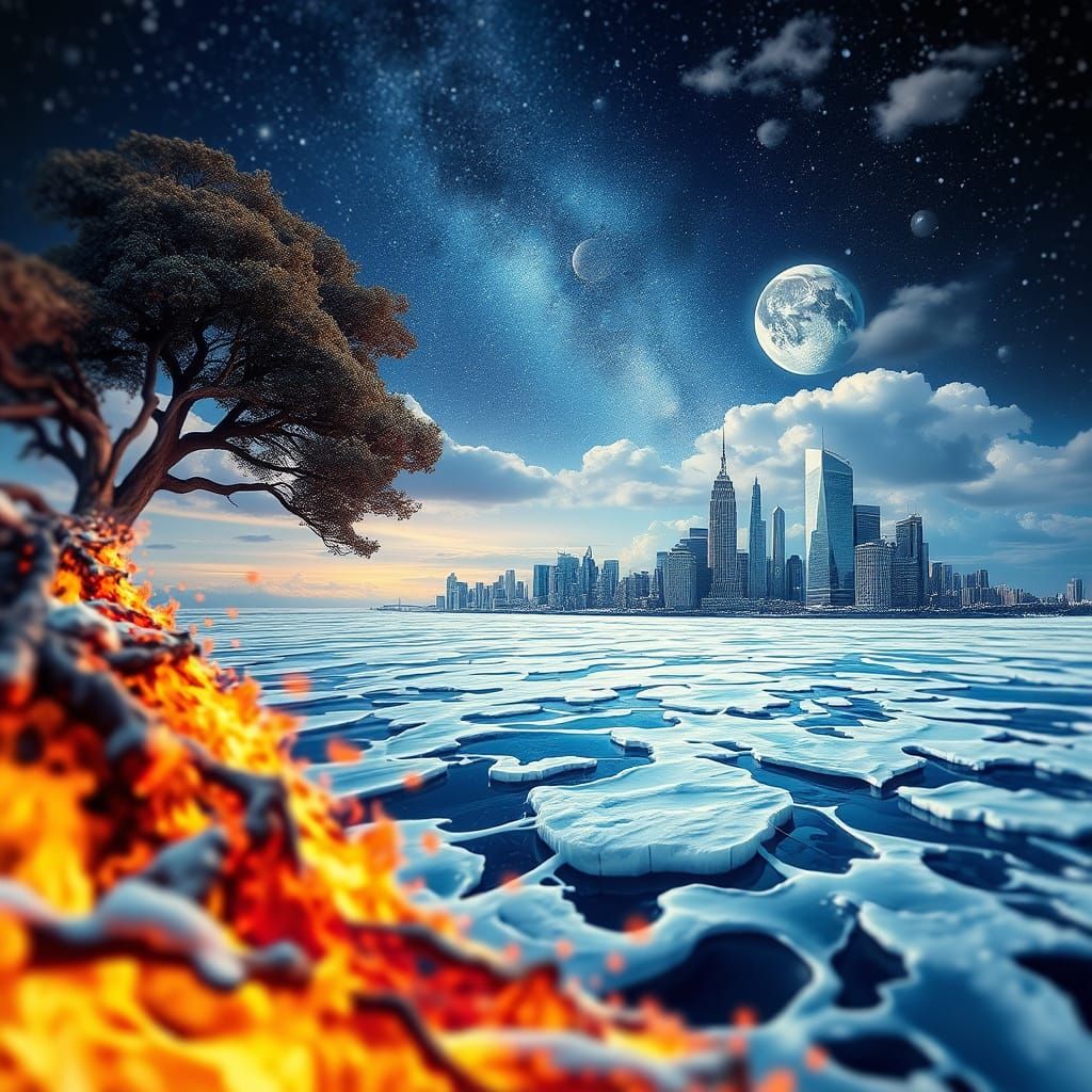 Surreal Fiery Earth & Frozen Cityscape
