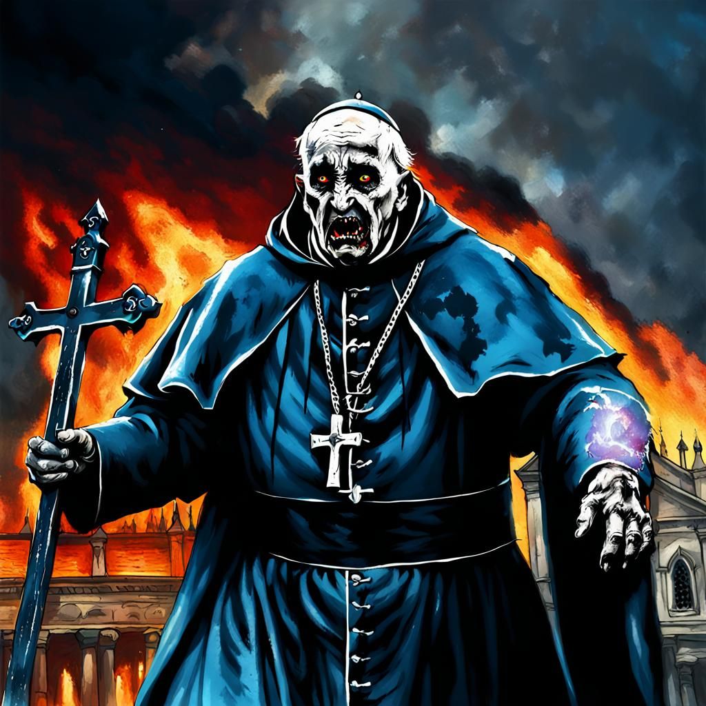 Evil Werewolf Pope in Burning Cathedral