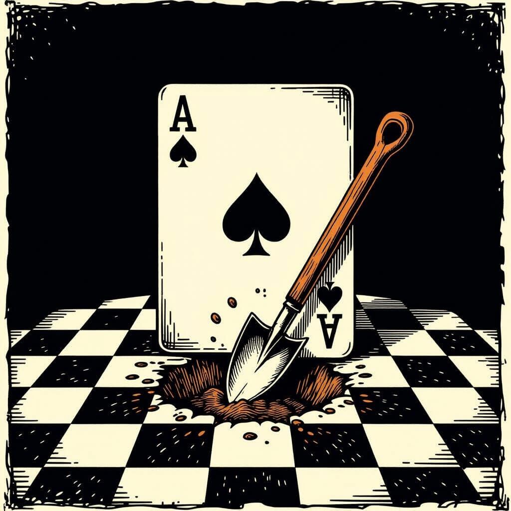 2 of Spades Card Digging Hole in Woodcut Style