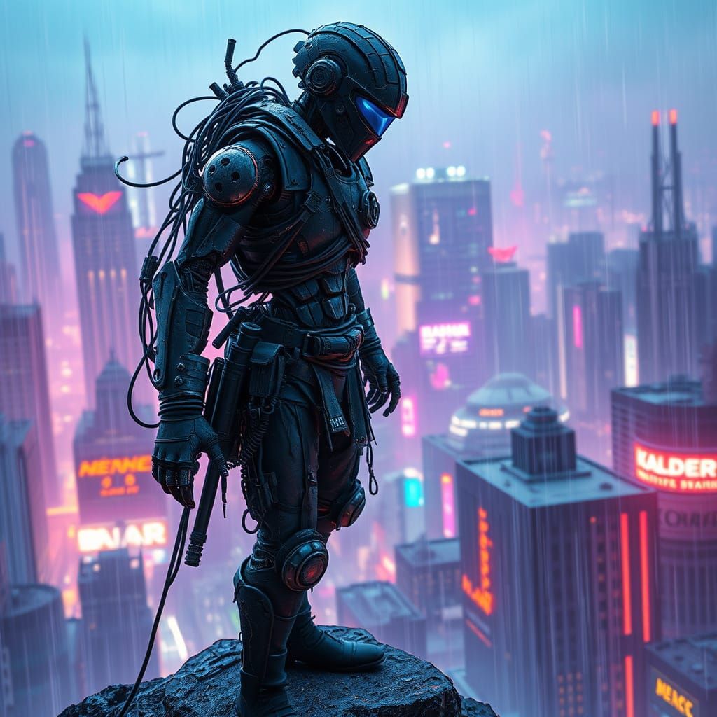 Cyberpunk Scavenger in Dystopian Cityscape