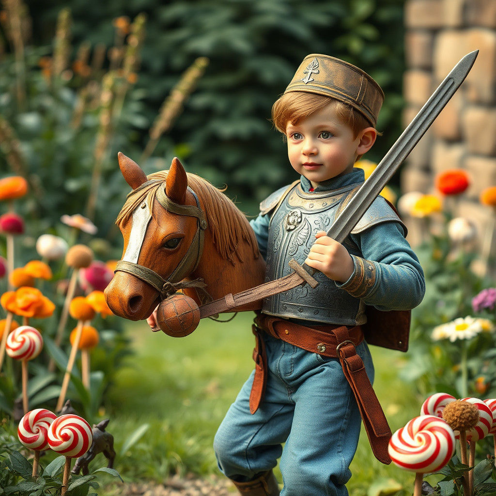 Boy with Hobby Horse in Klimt-inspired Garden