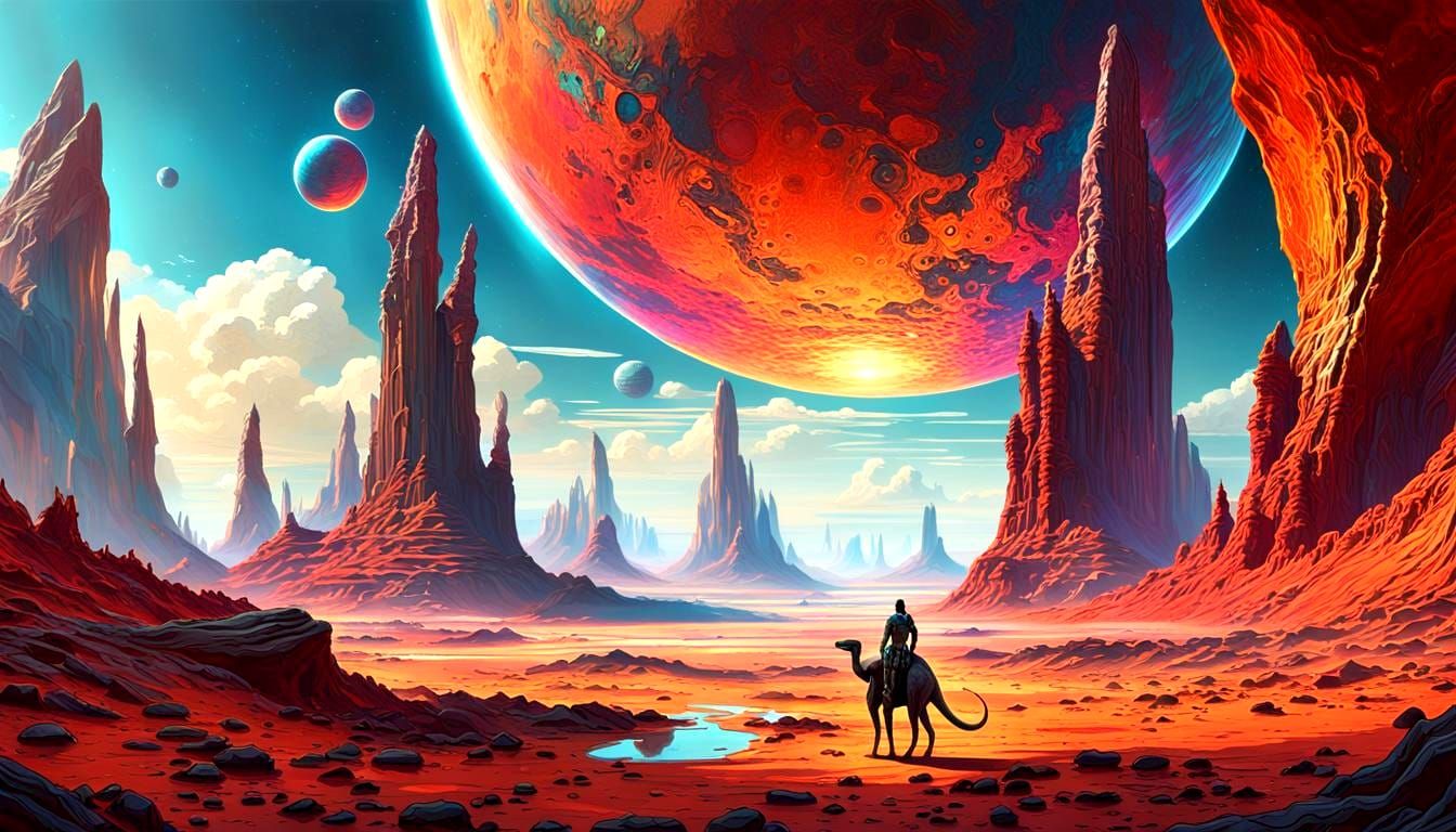 Vivid Sci-Fi Alien Planet Landscape with Hybrid Creature