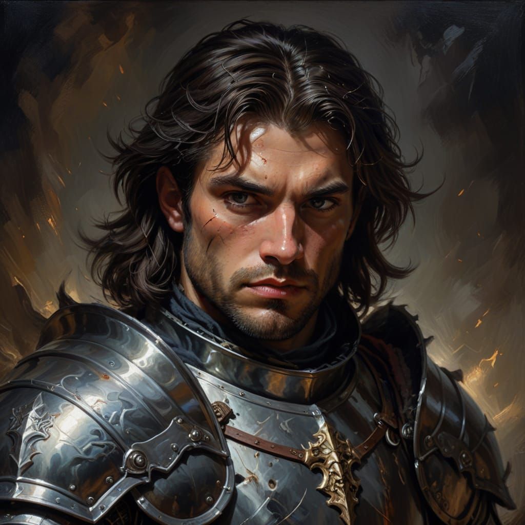Brooding Knight in Chrome Armor: Medieval Fantasy Oil Painti...
