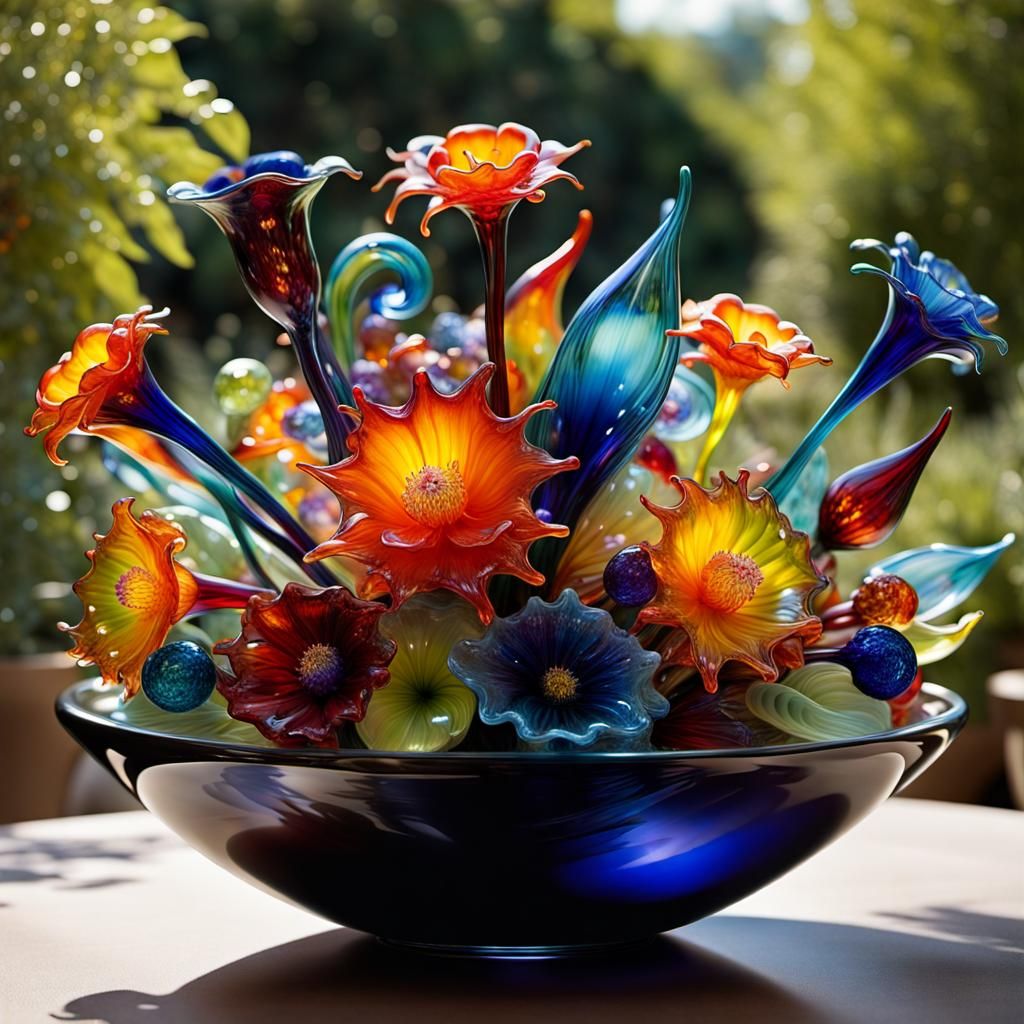 Intricate Glass Flowers Sculpture in Chihuly Style