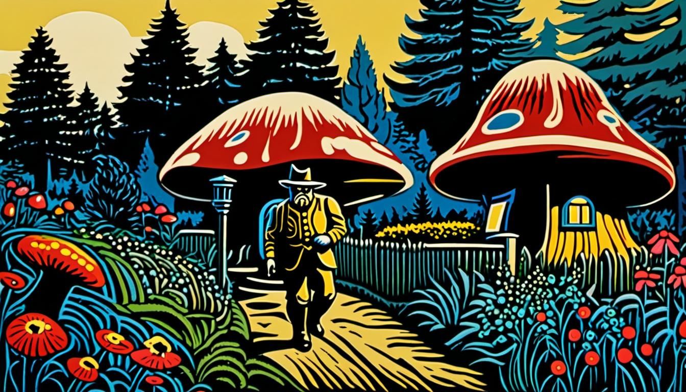 taciturn Teddy Roosevelt in the foreground as a garden gnome.  Mushroom shaped house in the midground. wildflowers, lots...