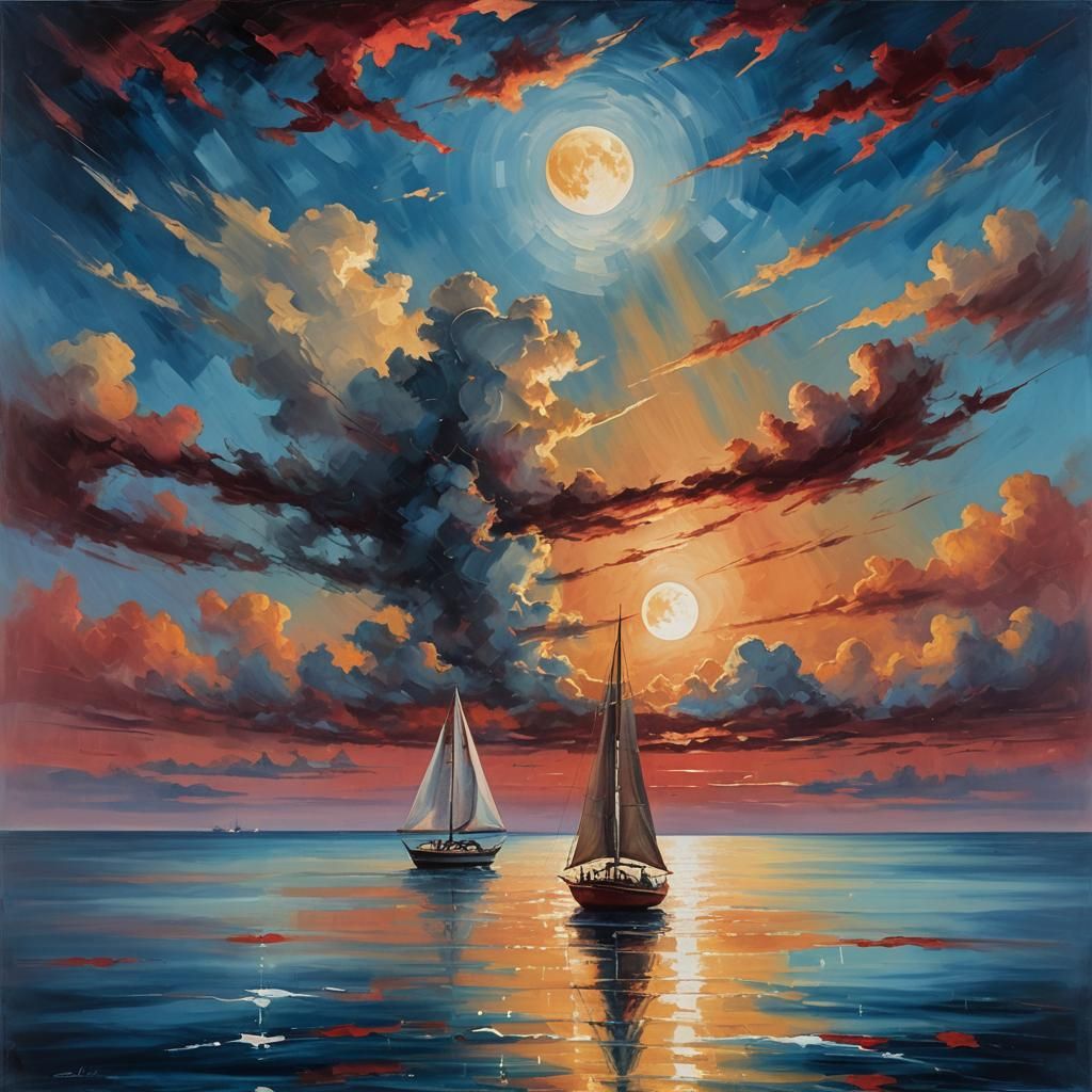 Lone Sailboat Under Crimson Moon: Oil Painting