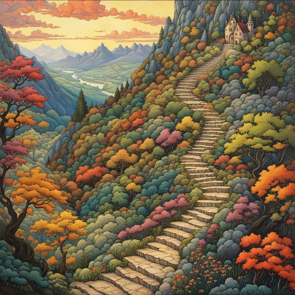 Fairytale Path Up Mountain in Anime Style