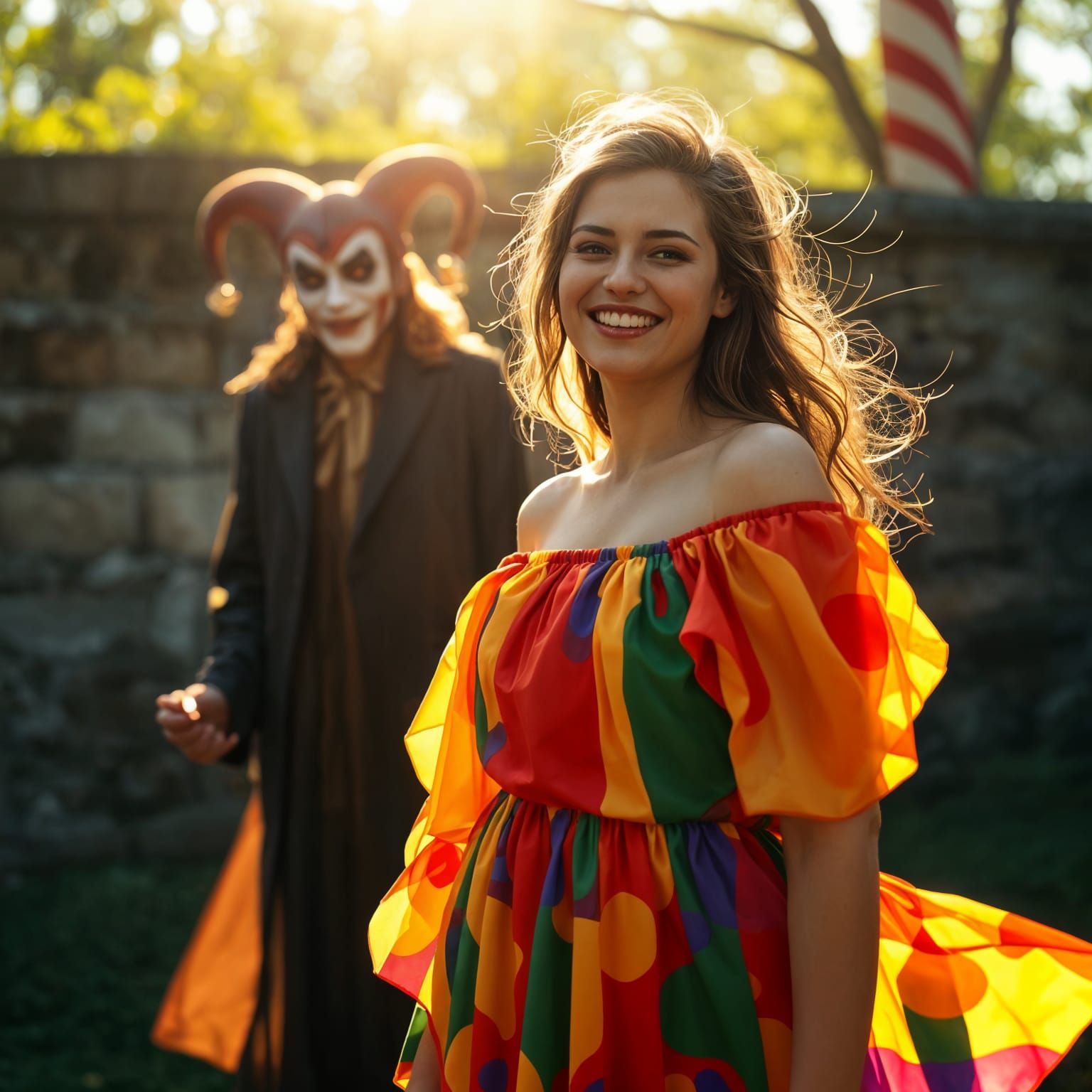 Mysterious Jester Lurks in Shadows Behind Vibrant Woman