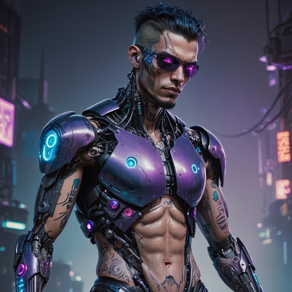 A hyperrealistic cyberpunk image of a half-human, half-robot...