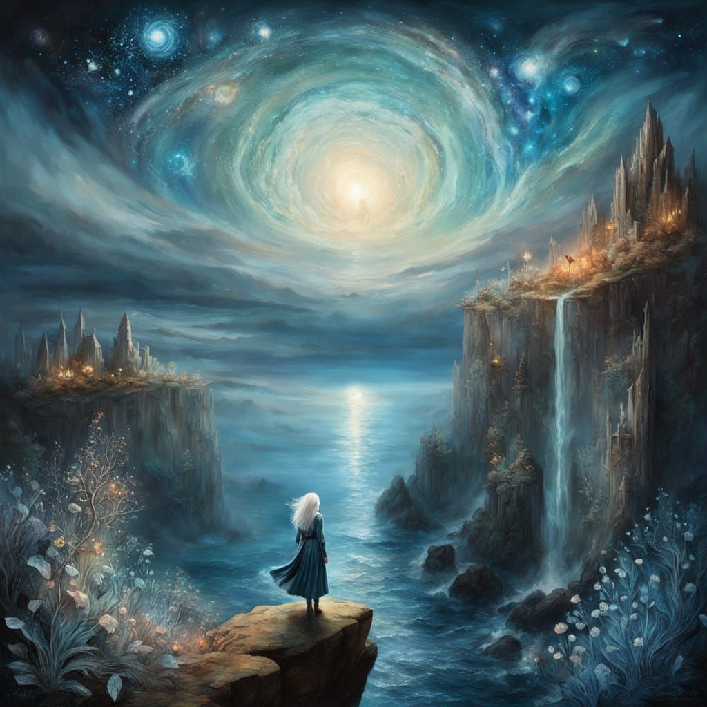 Ethereal Woman Overlooking Starlit Ocean in Surreal Style