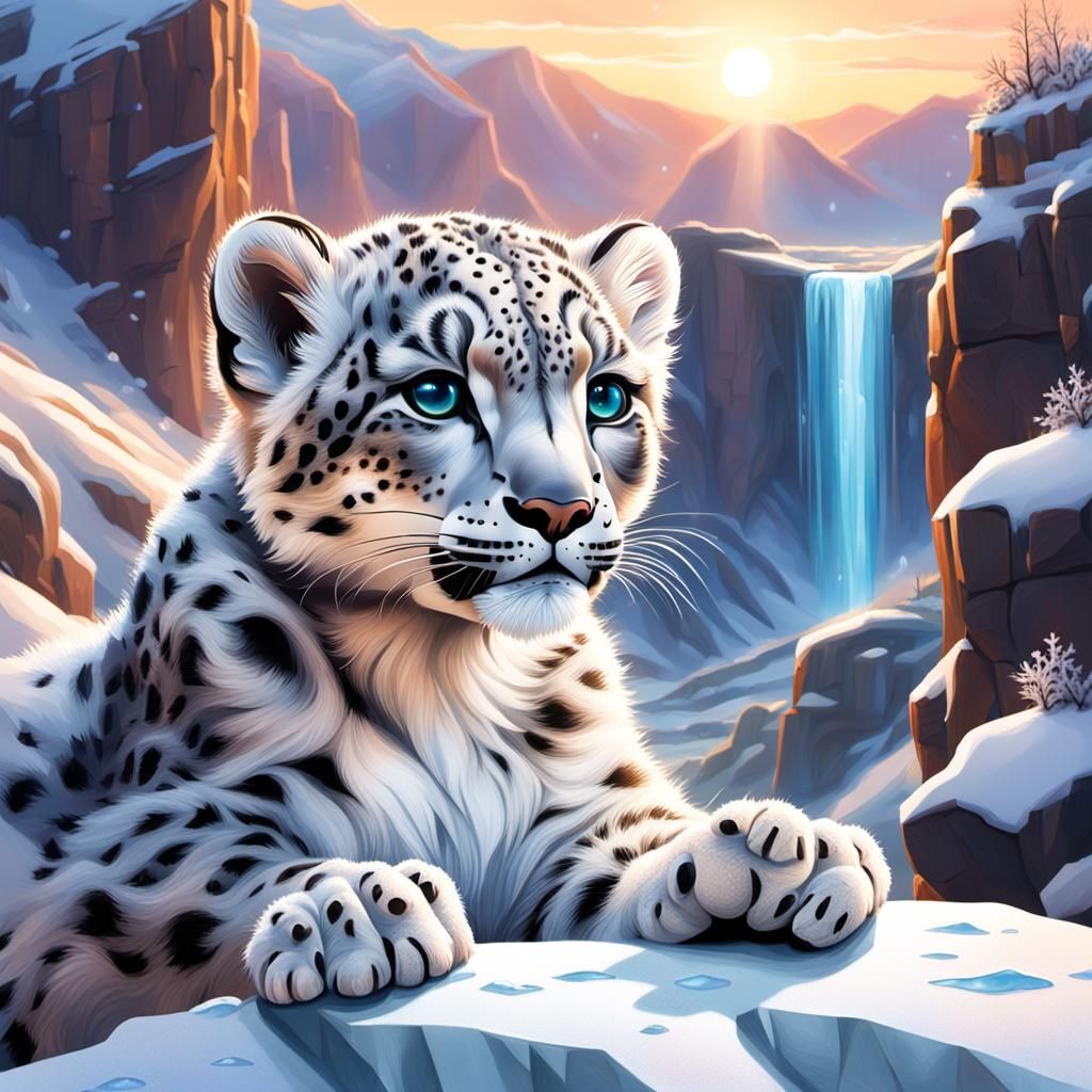 Snow Leopard Cub in Icy Winter Sunset Landscape