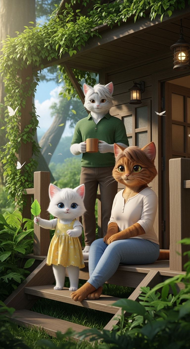 Humanoid Cat Family in Cozy Jungle Home