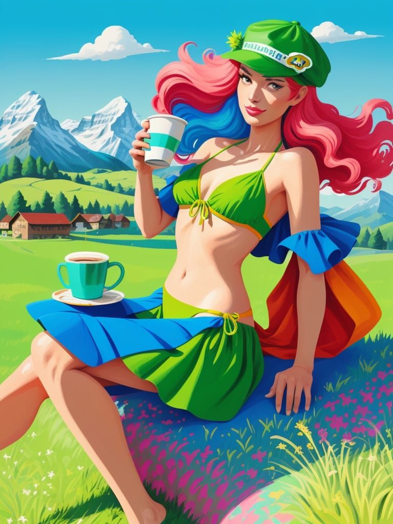 Whimsical Bikini Model Sipping Coffee in Swiss Alps