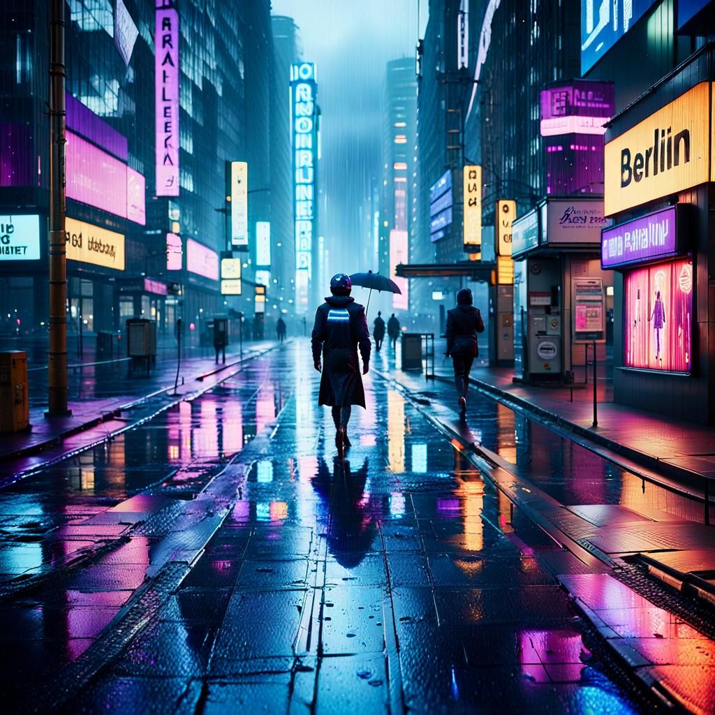 Cyberpunk Cityscape in Rainy Berlin