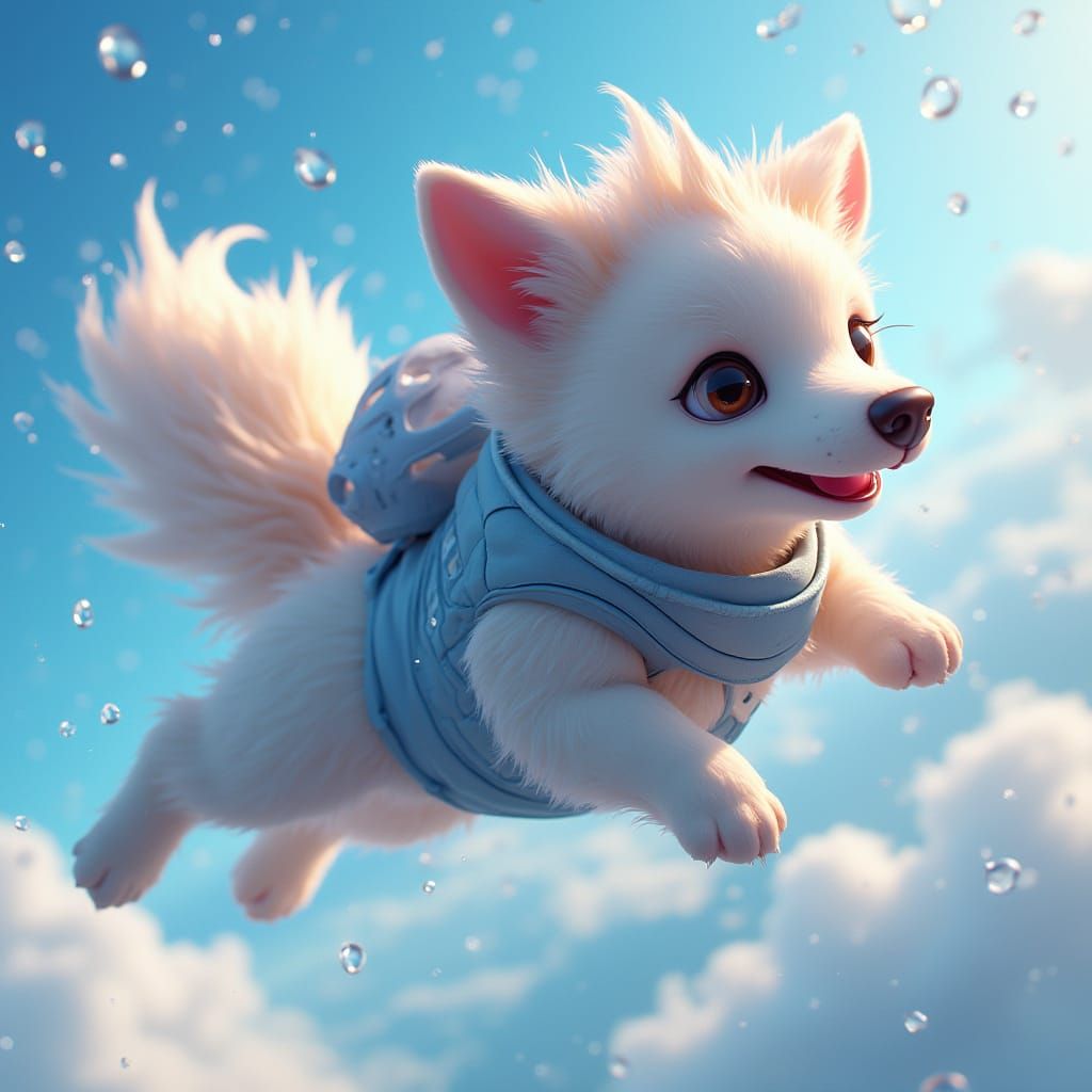Flying Dog in Futuristic Suit, Stylized 3D Anime Art