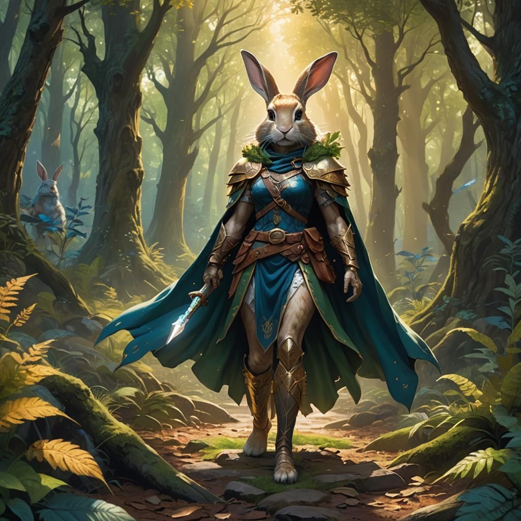Heroic Rabbit-Human Barbarian in Mystical Forest