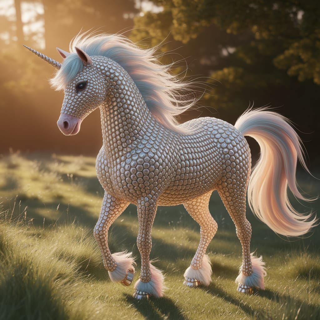Seashell Unicorn in Sunlit Meadow: Digital Art