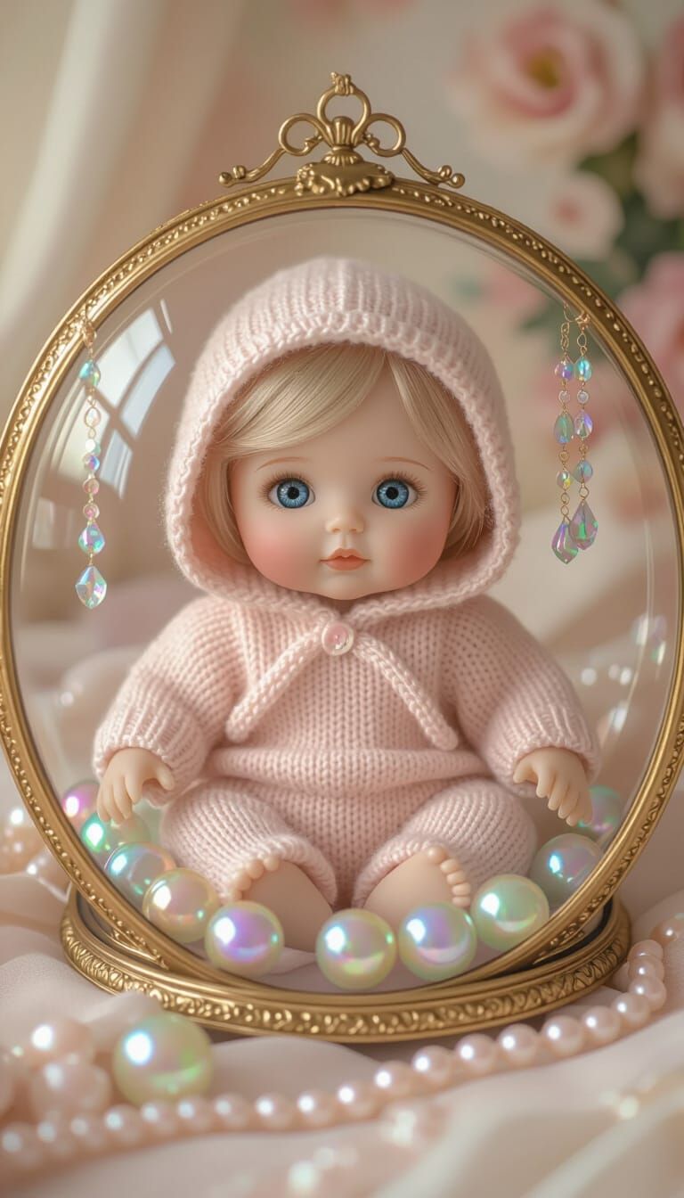 Adorable Baby Doll in Glass Case, Digital Art